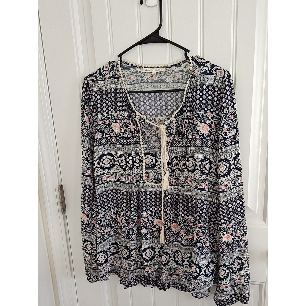 Daniel Rainn Navy Floral Boho Tie-Neck Tunic Rayon